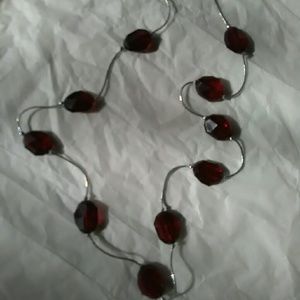Vintage Long Whimsical Necklace w/ Large Ruby Red Beads Silver threading